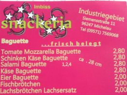 Preisliste für Baguettes und Brötchen im Imbiss "snackeria". Preise von 2,00 bis 2,80 Euro.