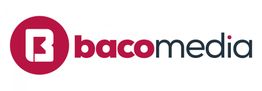 Logo von "bacomedia" mit rotem Symbol und schwarzem Text auf weißem Hintergrund.