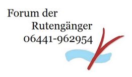 Text "Forum der Rutengänger 06441-962954" und abstraktes Symbol mit blauem und rotem Element.