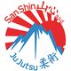 Logo di SanShin asd con sole nascente, montagna e testo "JuJutsu" in italiano e giapponese.
