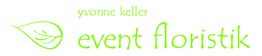 Grünes Logo mit Schriftzug "Yvonne Keller Event Floristik" und Blattgrafik links.