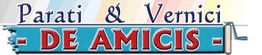 Logo: "Parati & Vernici DE AMICIS" su sfondo colorato con rullo da pittura.
