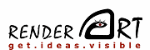 Logo von "Render Art" mit Slogan "get.ideas.visible" in schwarzer und roter Schrift.