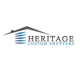 Logo of Heritage Custom Shutters with a roof design and blue-striped shutters.