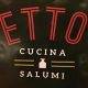 Logotipo com as palavras "ETTO Cucina Salumi" em letras vermelhas e brancas em fundo escuro.