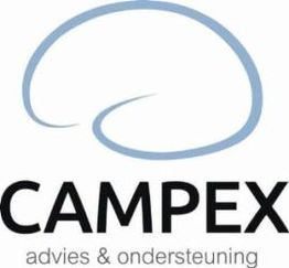 Logo van Campex met tekst "advies & ondersteuning" en abstracte blauwe cirkelvorm.