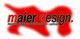 Logo: Roter Text "maier design" mit den Begriffen: Webdesign, Plakatdesign, Geschäftsdokumente, Logodesign.