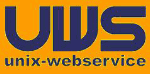 Logo mit blauen Buchstaben "UWS" und Text "unix-webservice" auf orangefarbenem Hintergrund.