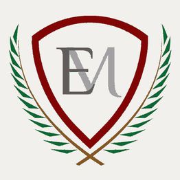 Escudo rojo con letras "EM" en gris, rodeado de hojas verdes.