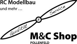 Logo von M&C Shop mit Luftschraube, Text: Qualität, Service, RC Modellbau, Pollenfeld.
