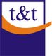 Logo mit blauer Box, orangefarbenem Schwung, und den Buchstaben "t&t" in lila.