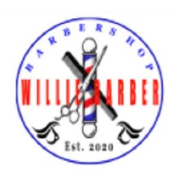 Barbershop logo with scissors, comb, barber pole, "Willie Barber," and "Est. 2020."