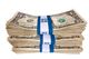 Stacks of US one-dollar bills secured with blue bands labeled "$100".