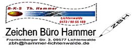 Zeichenbüro Hammer Logo mit Kontaktinfos und Adresse in Lichtenwalde, sowie einer gezeichneten Feder.