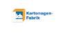 Logo der Kartonagen-Fabrik mit einem stilisierten blauen Haus und einem geöffneten gelben Karton.