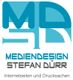 Logo von Mediendesign Stefan Dürr mit blauem Design, Text: "Internetseiten und Drucksachen".