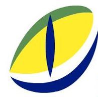 Abstraktes Logo in Grün, Gelb und Blau mit ovalen Formen und einem zentralen, blauen Element.