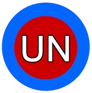 Círculo vermelho com borda azul e letras "UN" brancas no centro.