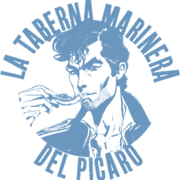 Logotipo en azul de "La Taberna Marinera del Pícaro", con marinero bebiendo.