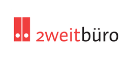 Logo mit zwei roten Aktenordnern und dem Text "zweitbüro" in Rot und Schwarz.