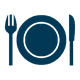 Symbol eines Tellers mit Gabel links und Messer rechts, dunkelblaue Farbe.