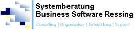 Logo der Systemberatung Business Software Ressing mit blauen und gelben Pixelquadraten.