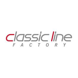 Logo mit dem Text "classic line FACTORY" in schlichtem Design und rot-grauer Farbkombination.