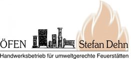 Logo mit Schriftzug "ÖFEN Stefan Dehn", Ofen-Silhouetten und Flamme, umweltgerechte Feuerstätten.