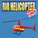 Helicóptero vermelho com faixa amarela, texto "Rio Helicopter Tour" em fundo azul.