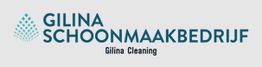 Logo van Gilina Schoonmaakbedrijf met blauwe tekst en afbeelding van waterdruppels linksboven.