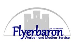 Logo von Flyerbaron mit Burgsilhouette und Schriftzug "Werbe- und Medien-Service".