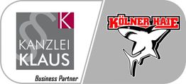 Kanzlei Klaus-Logo links, Kölner Haie-Logo mit Hai rechts. Business Partner-Vermerk unten.