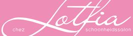 Roze logo van Lotfia schoonheidssalon met elegante witte tekst.