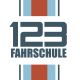 Logo mit der Aufschrift „123 Fahrschule“ in Blau auf weißem Hintergrund mit roten Akzenten.