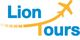 Logo von Lion Tours: "Lion Tours" in blau mit gelbem Flugzeugmotiv.