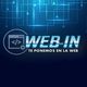 Logo con texto: "WEB-IN, te ponemos en la web" sobre fondo oscuro con elementos digitales.