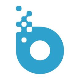 Blaues Logo, stilisiertes "b" mit digitalen Quadraten oben. Moderne, minimalistische Gestaltung.