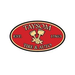 Red oval logo with text: "Taysom Tire & Auto" and pistons, established 1963.
