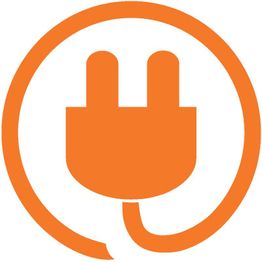 Orange Steckersymbol im Kreis auf weißem Hintergrund.