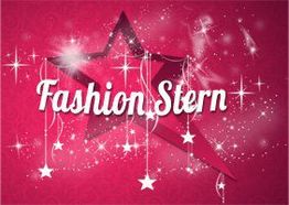 Rosa Hintergrund mit einem Stern und dem Schriftzug „Fashion Stern“ in Weiß und Glitzereffekten.