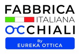 Logo "Fabbrica Italiana Occhiali" con bandiera italiana e scritta "By Eureka Ottica" in blu.