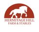 Silhouette of a horse above the text "Hermitage Hill Farm & Stables" in red.