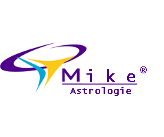 Logo mit Schriftzug "Mike Astrologie" und abstrakten Formen in Lila, Blau und Gelb.