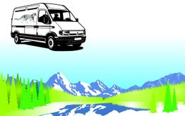 Transporter mit Muster, schwebend über einer bunten Berglandschaft mit Fluss und Bäumen.