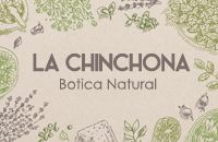 Texto "La Chinchona Botica Natural", rodeado de ilustraciones de plantas y hierbas.