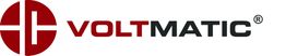 Logo der Marke VOLTMATIC mit stilisiertem Symbol in einem roten Kreis links vom Schriftzug.