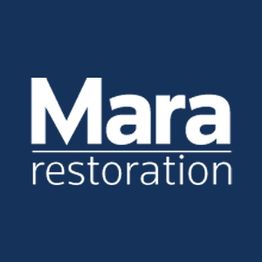 Mara Restoration logo with white text on a dark blue background.