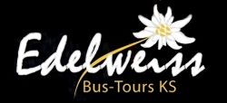 Text: "Edelweiss Bus-Tours KS" mit Edelweißblume auf schwarzem Hintergrund.