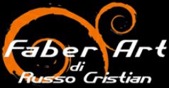 Logo "Faber Art di Russo Cristian" con spirali arancioni su sfondo nero.