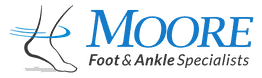Text logo: "Moore Foot & Ankle Specialists" with an outline of a foot and ankle.